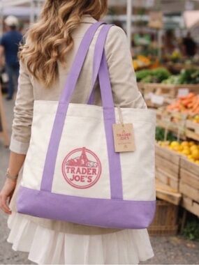 Large Trader Joe's Cream Canvas Tote with Lavender Accents